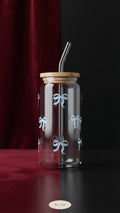 Cute Bow Glass Cup with Bamboo Lid, Glass Straw & Straw Cleaner