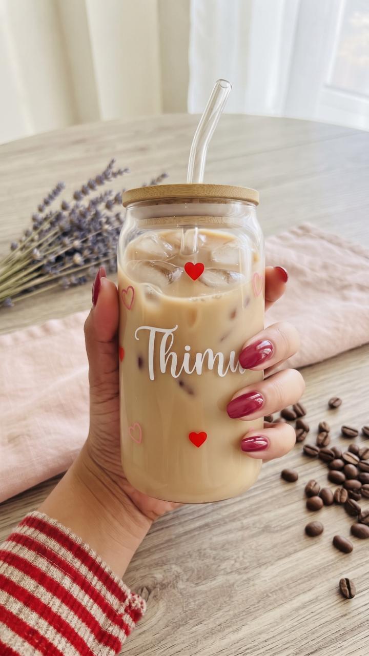 Personalised Heart-Shaped Glass Cup with Bamboo Lid, Glass Straw & Straw Cleaner